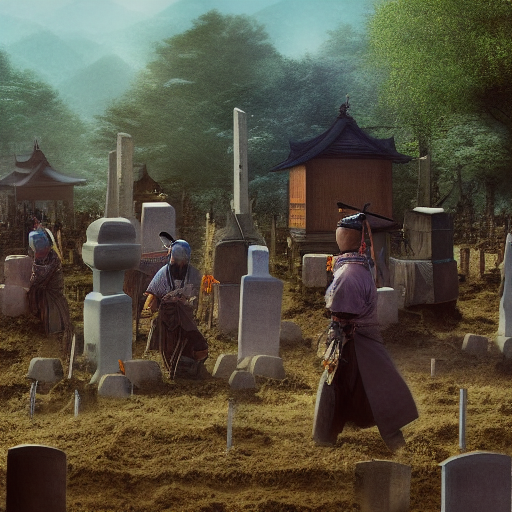 The samurais and villagers working together to rebuild the village, planting crops and mending houses, while two tombstones stand as a memorial to the fallen samurais.